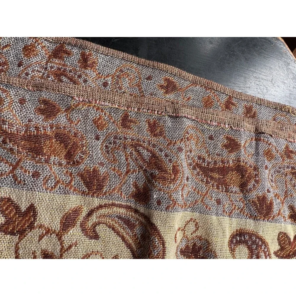 Pashmina Silk Blend Shawl or Wrap, Paisley Brown Tan Gold, Fringe ~28x70
